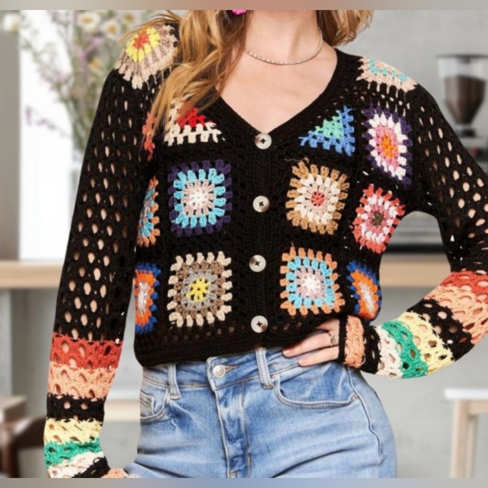 Colorful Crochet Patchwork Button Down Sweater NWT  S-M